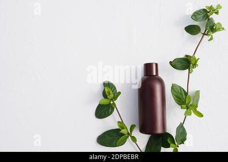Flat lay composition with bottle of body care organic cosmetic oil with greenery on texture concrete background with a copy space. Stock Photo