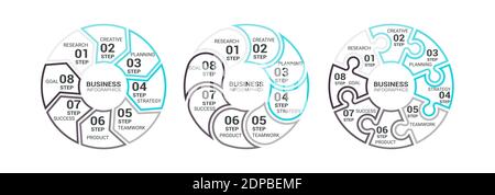 Thin Line Flat Round Chart Infographic Template with a Eight Steps for Success. Business Circle Template with Options for Brochure, Diagram, Workflow, Stock Vector