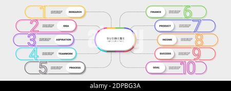 Modern Neon Thin Line Infographic Template Ten Steps for Success. Business Process Chart with Options for Brochure, Diagram, Workflow, Timeline, Numbe Stock Vector