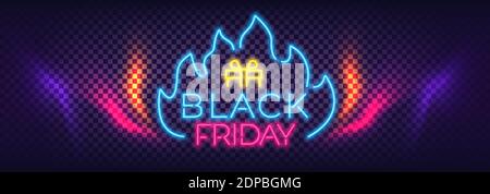 Black Friday Sale Neon Colorful Banner. Modern Text Neon Signs. Trendy Design Discount Sale Concept Template. Elements for Night Bright Advertising. V Stock Vector