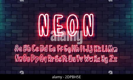 Neon futuristic hand font. Luminous tube alphabet uppercase lowercase letters on a dark brick wall background. Colorful bright drawn typeface for nigh Stock Vector