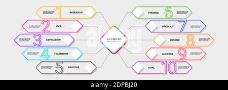 Modern Neon Thin Line Infographic Template Ten Steps for Success. Business Process Chart with Options for Brochure, Diagram, Workflow, Timeline, Numbe Stock Vector