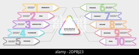 Modern Neon Thin Line Infographic Template Ten Steps for Success. Business Process Chart with Options for Brochure, Diagram, Workflow, Timeline, Numbe Stock Vector