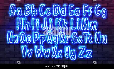 Neon futuristic hand font. Luminous tube alphabet uppercase lowercase letters on a dark brick wall background. Colorful bright drawn typeface for nigh Stock Vector