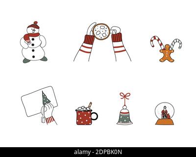 Set of Christmas hand-drawn design elements. Art collection of New Year cute festive things.Lady hands hold cup of coffee, gingerbread man,candy cane Stock Vector
