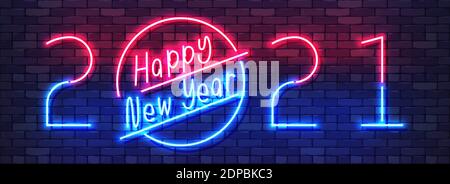 Happy New Year 2021 Neon Colorful Banner. New Year Glowing Sign for Holiday Card on a Dark Brick Wall Background. Colorful bright drawn typeface. Vect Stock Vector