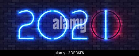 Happy New Year 2021 Neon Colorful Banner. New Year Digit Replacement Concept on a Dark Brick Wall Background. Colorful bright drawn typeface. Vector I Stock Vector