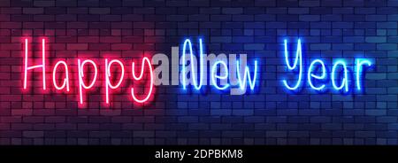 Happy New Year Neon Colorful Banner. Handwritten Neon Alphabet on a Dark Brick Wall Background. Colorful bright drawn typeface for night bright advert Stock Vector