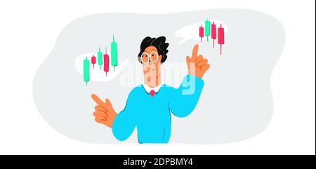 Cartoon broker watching the movement of the chart. Stock trader makes a choice between buying or selling shares. Cryptocurrencies trading. Vector Illu Stock Vector