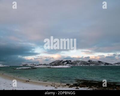 Landscape in wintertime in Sandneshamn on the island Kvaloya in Norway. Stock Photo