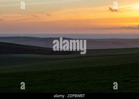 Sunset viewed from Firle Beacon in Sussex Stock Photo