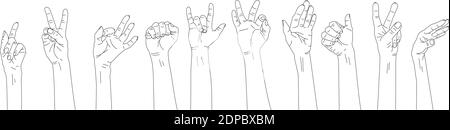 Set of 10 different gestures. Outline hands raised up. Woman's and men's hands. Stock Vector