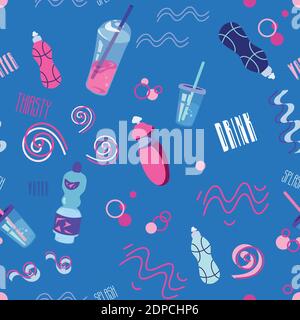 Seamless Pattern Drink Water on Blue Background Stock Vector