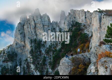 view from the bird's eye view on the cliff with a rope bridge on mount AI-Petri in the Crimea. ai-petri is one of the highest mountains in crimea and Stock Photo