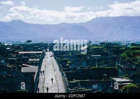 Archive scan of ruins of Pompeii comune destroyed by eruption of Mount Vesuvius in AD 79.  Elevated view on Pompeii ruins. May 1968. Stock Photo