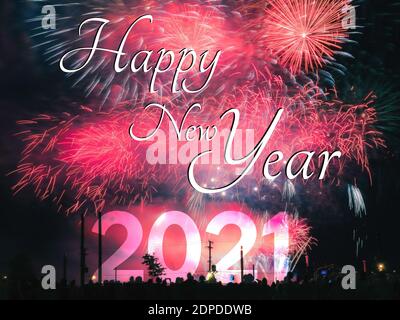 Happy new year 2021 card on a red fireworks background Stock Photo