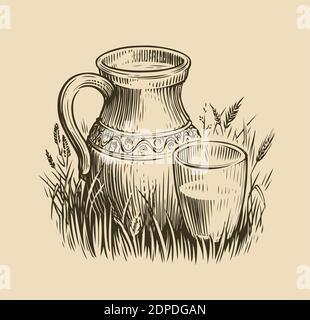 Jug of milk sketch. Dairy products vintage vector illustration Stock Vector