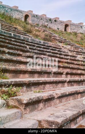 Archive scan of ruins of Pompeii comune destroyed by eruption of Mount Vesuvius in AD 79.  Interior of Amphitheatre, audience sitting area. April 1970. Stock Photo