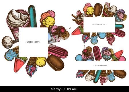 Frames with colored ice cream bowls, ice cream bucket, popsicle ice cream Stock Vector