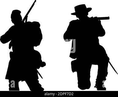 American Civil war soldiers silhouettes in black on white background Stock Vector