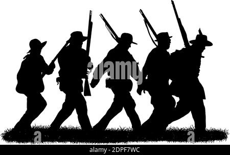 Group of American Civil war soldiers, silhouettes in black on white background, vector graphic Stock Vector