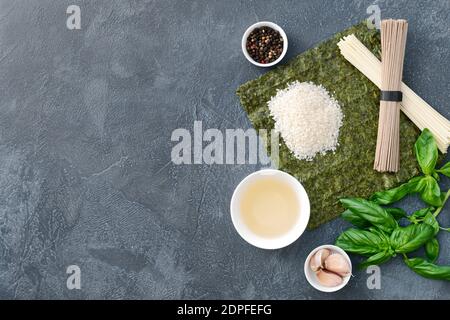 Composition with rice vinegar on dark background Stock Photo