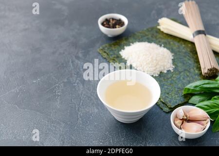 Composition with rice vinegar on table Stock Photo