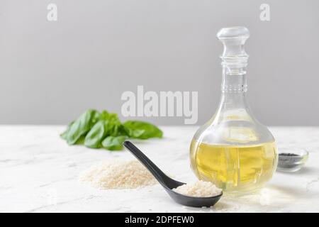 Composition with rice vinegar on table Stock Photo