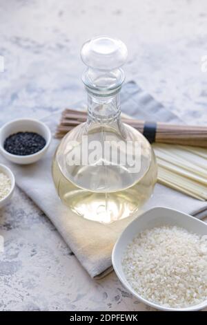 Composition with rice vinegar on table Stock Photo