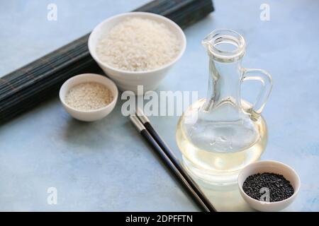 Composition with rice vinegar on table Stock Photo