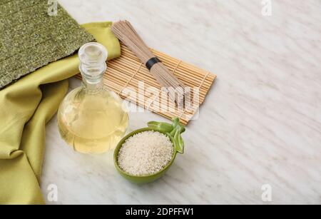 Composition with rice vinegar on table Stock Photo