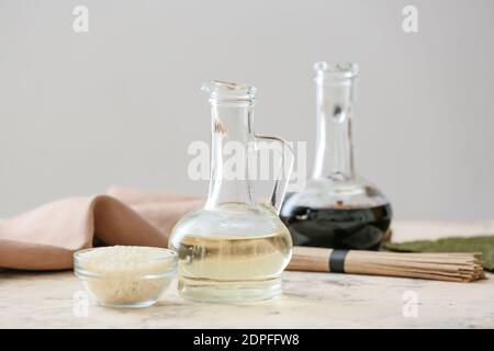 Composition with rice vinegar on table Stock Photo