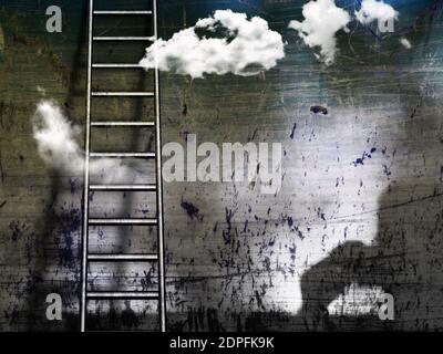 Grunge wall and ladder. White clouds Stock Photo