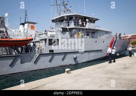 The French customs' new patrol boat 'Jean-Francois Deniau' is moored in the harbor of La Seyne-sur-Mer, southern France on July 7, 2015. Besides surveillance and rescue, the boat's mission will be to fight against human trafficking and to control illegal immigration as part of the operations of EU agency Frontex that manages the cooperation between national border guards to secure the external borders of the union. Its main purpose is to rescue illegal migrants and take them on board. Photo by Franck Bessiere/ABACAPRESS.COM Stock Photo