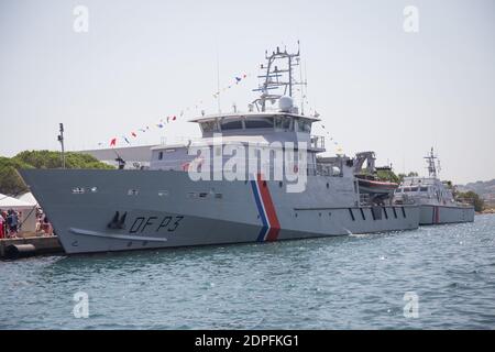 The French customs' new patrol boat 'Jean-Francois Deniau' is moored in the harbor of La Seyne-sur-Mer, southern France on July 7, 2015. Besides surveillance and rescue, the boat's mission will be to fight against human trafficking and to control illegal immigration as part of the operations of EU agency Frontex that manages the cooperation between national border guards to secure the external borders of the union. Its main purpose is to rescue illegal migrants and take them on board. Photo by Franck Bessiere/ABACAPRESS.COM Stock Photo