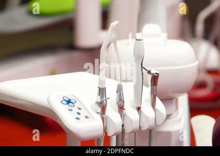 Different dental instruments and tools in a dentists office Stock Photo