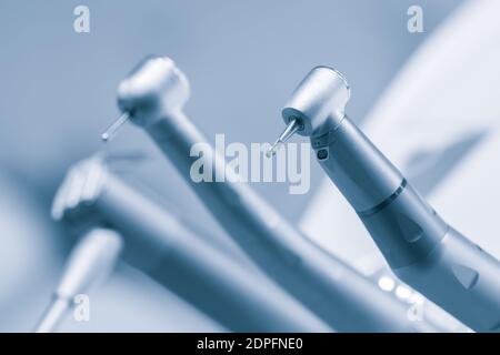 Different dental instruments and tools in a dentists office Stock Photo