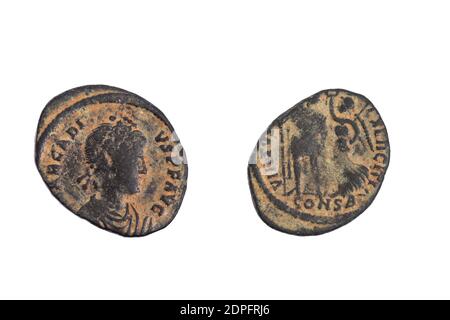 Front - Roman Emperor Flavius Arcadius 383 - 408  Reverse Emperor being crowned by Victory Ancient old vintage coin coins money bronze Stock Photo