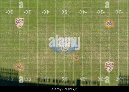 A general view of the Pac-12 Conference championship logo on the football field at the Los Angeles Memorial Coliseum football field, Saturday, Dec. 19 Stock Photo