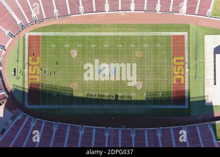 A general view of the Pac-12 Conference championship logo on the football field at the Los Angeles Memorial Coliseum football field, Saturday, Dec. 19 Stock Photo