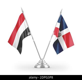 Dominican Republic and Yemen table flags isolated on white 3D rendering Stock Photo