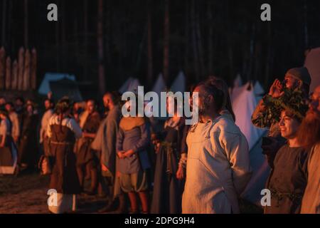 Cedynia, Poland, June 2019 Pagan reenactment of Kupala Night, called in Poland Noc Kupaly, villagers gathering for the event. Slavic holiday celebrate Stock Photo