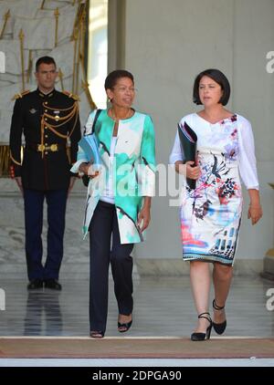 French Minister of Overseas France George Pau-Langevin and Minister of Housing, Regional Equality and Rural Affairs Sylvia Pinel after the first cabinet meeting following the government's summer vacation, at the Elysee Palace in Paris, France on August 19, 2015. Photo by Christian Liewig/ABACAPRESS.COM Stock Photo