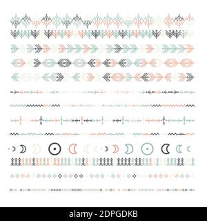Boho ethnic line ornaments. Tribal geometric design, aztec style, native americans texile. Vector elements for brushes, textures, patterns. Stock Vector