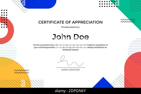 Certificate of Appreciation template with abstract geometric memphis style design. Stock Vector