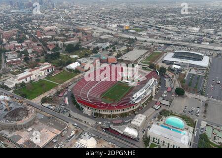 A general view of the Los Angeles Memorial Coliseum and Banc of California Stadium, Monday, Dec. 7, 2020, in Los Angeles. Stock Photo