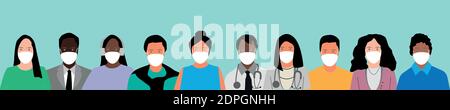 The set of people wearing medical masks to prevent disease. Editable vector illustration. Stock Vector