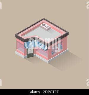 Vector isometric illustration of restaurant/bistro. Pink retro cafe. Vintage style. Store. Stock Vector