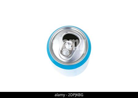 Open blue tin can isolated on white. High quality photo Stock Photo