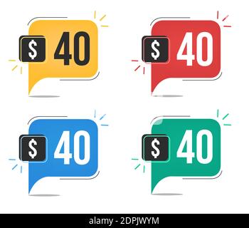 40 dollar price. Yellow, red, blue and green currency tags. Balloon concept with forty dollars for sales. Stock Vector